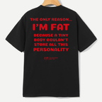 A black short-sleeve t-shirt hanging on a wooden hanger against a light gray background, showing the back with bold red text that reads 'THE ONLY REASON.