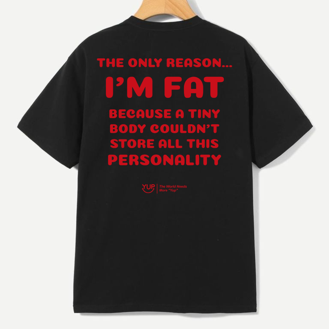 A black short-sleeve t-shirt hanging on a wooden hanger against a light gray background, showing the back with bold red text that reads 'THE ONLY REASON.