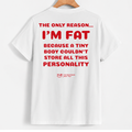 White short-sleeve T-shirt hanging on a wooden hanger, showing the back with bold red text that reads, 'THE ONLY REASON.