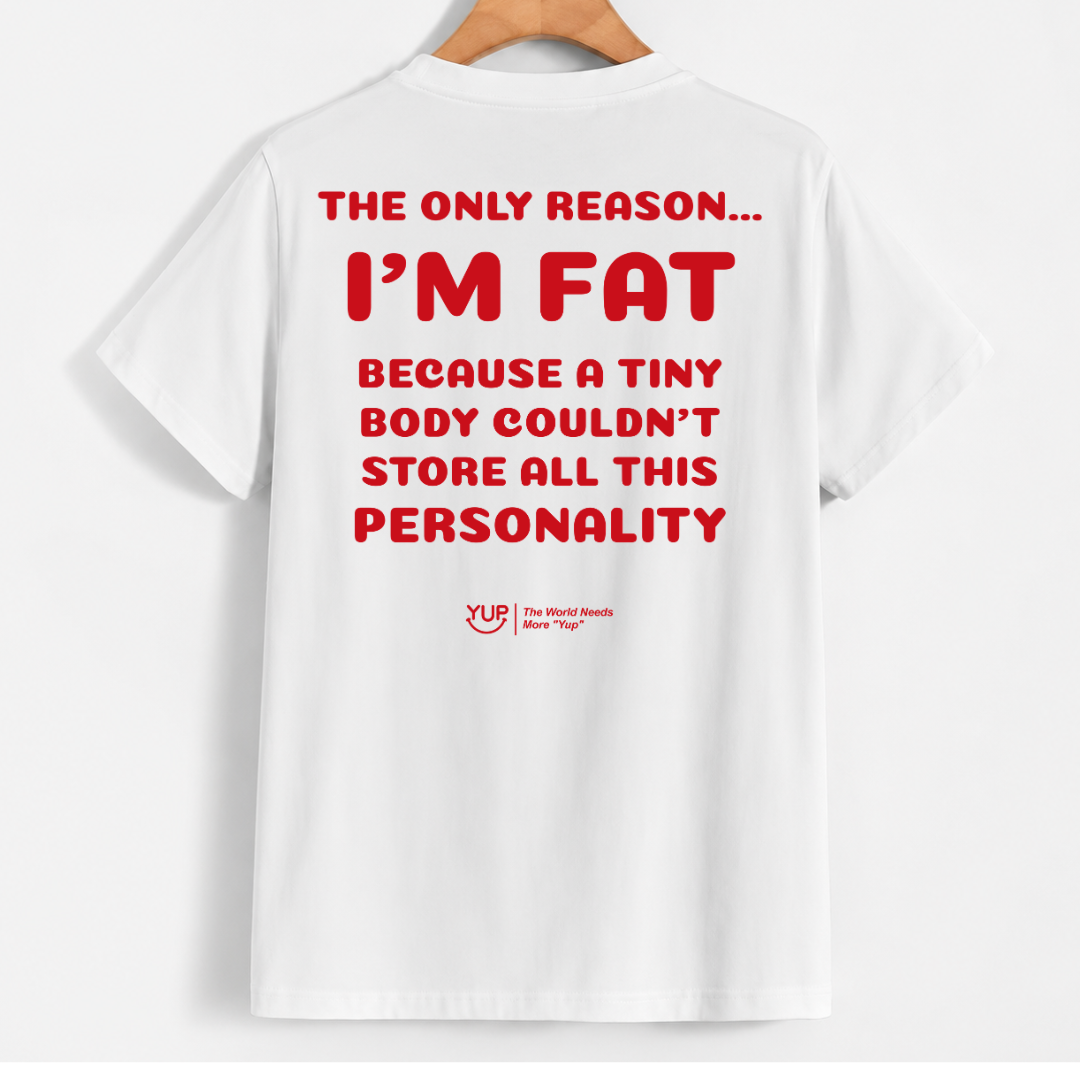 White short-sleeve T-shirt hanging on a wooden hanger, showing the back with bold red text that reads, 'THE ONLY REASON.