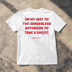 A white short-sleeve t-shirt laid flat on a textured concrete surface with dappled shadows. The shirt features bold red text on the front reading 'I'M NOT 30.